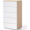 BAKAJI Mobile Cassettiera Mobiletto 5 Cassetti in Legno MDF Bianco e Quercia Design Moderno Arredamento Casa Camera da Letto Dimensione 61 x 40 x 110 cm