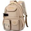 Myhozee Zaino da scuola per ragazze, 30 l, grande zaino per la scuola elementare secondaria kawaii con ciondolo in peluche per ragazze adolescenti 9-16 anni, cachi, L, Casual