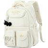 Myhozee Zaino da scuola per ragazze, 30 l, grande zaino per la scuola elementare secondaria kawaii con ciondolo in peluche per ragazze adolescenti 9-16 anni, Beige, L, Casual