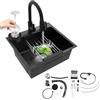 Poyujkyhr Lavello da incasso in acciaio inox, nero, 50 x 45 cm, con rubinetto estraibile a 360° + bicchiere + cestino di scarico + dispenser di sapone multifunzione, 1 lavello da cucina