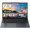 MYW Computer portatili da 17, processore di 12a generazione N95 4C 4T (fino a 3,4 GHz), RAM DDR4 da 8 GB SSD da 512 GB, 1920 x 1080, batteria grande da 10000 mAh, tipo C (dati), WiFi5, BT, RJ45, doppi