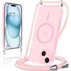 Niokfrci Magnetica Cover per iPhone 15 con Cordino, Compatibile con MagSafe, Transparent Sottile Silicone TPU Custodia Antiurto Bumper Case con Corda Collana Tracolla Laccio per iPhone 15, Rose