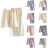 Generic Pigiama da donna largo, camicie con colletto elastico in vita e pantaloni a gamba larga, abbigliamento da casa a maniche lunghe, tinta unita, leggero, camicia in cotone con bottoni, pantaloni corti da