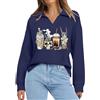 Generic Felpa da donna con scollo a V per Halloween, con scheletro e tazza da caffè | Maglioni con colletto a polo, abbigliamento spettrale, felpa autunnale, top a maniche lunghe, costume da festa di Halloween
