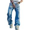 Juankrynord Moda Uomo Lettera Patch Vita Alta Jeans Gamba Larga con Tasche Sciolto Fit Skateboard Goth Jeans Streetwear
