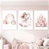 Zamety Poster decorativo da parete per ragazza, 3 pezzi, decorazione per camera da letto, poster A4, unicorno, principessa arcobaleno e castello, rosa da tavolo per bambini, poster senza cornice