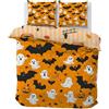 CCZM Halloween Set Copripiumino Una Piazza e Mezza, Parure Copripiumino 200x200 Pipistrello in Microfibra, Copri Piumino Fantasma Zucca e 2 Federe con Cerniera, E-549