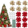 JOKILY 12 stelle di Natale glitterate, fiori artificiali, decorazioni per albero di Natale, con 12 clip in metallo e steli (oro 6 + rosso 6)