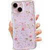 LSEEKA Custodia trasparente per iPhone 15/iPhone 14/iPhone 13 con design floreale reale pressato, glitter carino rosa motivo floreale morbido TPU protettivo per donne e ragazze per iPhone 13/14/15