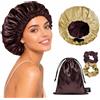 BONNET QUEEN Cuffia Seta Capelli Notte, Reversibile Cuffia Capelli Ricci Notte, Fascia Elastica Doppio Strato Silk Bonnet con 2 Elastici in Seta & Borsa Portaoggetti, Oro&Cioccolato, Set 4 Pezzi