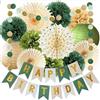 Fejathryne 14 decorazioni verdi per feste di compleanno, colore verde salvia | Ventagli di carta velina color oro crema con pompon, in carta velina color oliva, stile bohémien, per compleanno neutro