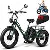 ZRLYbau Triciclo Elettrico Adulti Ruote Large 24 Pollici Cargo 7 Marce Green | Faro Luminoso Triciclo Adulto Specchietto Retrovisore Motore Potente Batteria Rimovibile Cesto Cargo