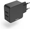 Hama Caricatore doppio USB-A 12W - Blocco di alimentazione universale con 2 porte 2,4A per ricarica simultanea di smartphone, tablet e dispositivi USB, compatto e pratico - nero