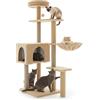 Avilia Tiragraffi per Gatti 120 Cm Multilivello Sisal Beige | Cuccia Chiusa e Amaca Laterale, Struttura con Colonne e Giochi Pendente, Ideale per Uso Quotidiano in Casa