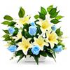 DRW Centro di fiori artificiali giallo e blu per chiese, cimiteri e celebrazioni, con rose e gigli, 50 x 15 x 50 cm