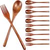 QINGLANG Set di 12 forchette e cucchiai in legno, riutilizzabili, resistenti alla temperatura, manico lungo, lavabili in lavastoviglie, superficie liscia, set di posate in legno per mescolare cucinare mangiare