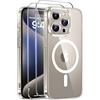 Qasyfanc Magnetica Cover per iPhone 15 Pro, Trasparente | Compatibile con MagSafe,con 2 Pezzi Vetro Temperato Pellicola, Cover Clear Slim Fit Antiurto Militare Antigiallo