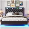 KEFSR Letto Matrimoniale 160x200cm con LED, Contenitore Pneumatico e Ricarica USB - Struttura Rinforzata Doghe, Tessuto velvet, No Base Elastica (Nero PU（3）, 160x200)