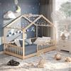 CADANI Malte Letto Casetta per Bambini 120x200 cm - Letto Montessori a Pavimento con Barriera Rimovibile, fino a 200 kg, Rete a Doghe Inclusa, Legno Massello di Pino, Naturale