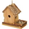 Relaxdays Casetta Decorativa per Uccelli con Mangiatoia, Casa per Uccellini da Esterno, 21x21x12,5 cm, Legno, Naturale