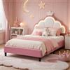 Quiaviank letto per bambine 140x190 cm con LED, letto imbottito con testiera a corona regolabile, letto per ragazze con rete a doghe, senza materasso, bianco e rosa, PU