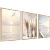HALFLEMART 3Pcs Stampa su Tela Con Cornice Spiaggia Costiera Onda Marina Quadri su Tela Poster da Parete Boho Erba di Pampa Oceano Tramonto Quadri Moderni Soggiorno Camera da Letto Stampe da Parete 40x60cm x3pcs