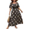 BSLVWG Abiti da donna casual taglie forti bohemien collo quadrato manica corta stampa floreale lungo maxi elastico in vita A-Line vacanze estive spiaggia swing abito
