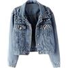 Generisch 2025 Cappotto Outwear Giacca di jeans Borsa casual Manica blu Cappotto corto da donna con perle lunghe Cappotto da donna azzurro