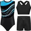 Aislor Set da Ginnastica in 3 Pezzi Bambina Strass Body Ginnastica Ritmica Leotards con Crop Top Canotta e Pantaloncini Shorts Abito da Pattinaggio Artistico
