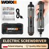 Worx Cacciavite elettrico a batteria Worx Wx242 4V, batteria agli ioni di litio da 2,0 Ah, 320 giri/min, 7+1 impostazioni di coppia, ricarica USB-C, luce LED, set di punte di precisione, per lavori di