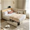 Rosahqnda Letto matrimoniale per adulti Rosahqnda 140x200/140x190 cm con testiera a LED a forma di L, struttura letto imbottita con contenitore, 2 cassetti, rete a doghe, tessuto, beige/grigio, senza materasso