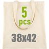 IDEA HOME Borsa di Tela 38x42cm - 5 x Shopper Cotone - Naturale Borse di Stoffa - Tote Bag Cotone con Due Lunghi Manici - Certificato Ökotex 100