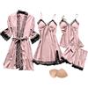 QraraZL Donna 4 Pezzi Set Pigiama in Raso Pizzo Kimono Vestaglia Pigiama Set Sexy Negligee e Pantaloncini Camicia da Notte 4 Pezzi, con Imbottitura Petto