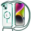 Oelrstfe Magnetica Cover per iPhone 14 Plus 6.7 con Cordino Regolabile, Compatibile con MagSafe,Trasparente Custodia con Collana Tracolla Laccio Collo TPU Silicone Lanyard Case Antiurto, Verde