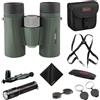 Kowa BD II XD - Binocolo con prisma a tetto PROMINAR con cinghia di sicurezza e torcia portachiavi compatta, sistema di pulizia della penna Nikon e panno per la pulizia (Bundle)