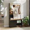 YU YUSING Appendiabiti Ingresso con Specchio e Panca Scarpiera | Scarpiera con Appendiabiti per Cappotti e Scarpe 90x30x170 cm, Mobile Ingresso Moderno con 4 Ganci, Nero e Naturale