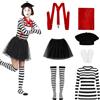 Bocguy 7 Pezzi Costume da Mimo Francese da Donna, per Feste a Tema, Halloween | Camicia Bianca e Nera, Gonna Corta Nera, Berretto, Guanti, Bretelle a Y, Sciarpa Rossa, Calzini a Righe Bianche e Nere