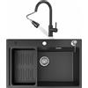 CECIPA max Lavello da cucina in granito nero, dimensioni 70 x 45 cm + rubinetto da cucina con doccetta estraibile, lavello a vasca singola con cestello per lo scarico.