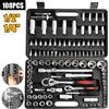 NONE Kit di Riparazione Auto 108 Pezzi, Set di Chiavi a Bussola con Cricchetto 1/4" 1/2", Set di Chiavi Dinamometriche, Kit Completo per Riparazione Auto