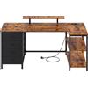 VASAGLE Scrivania angolare da ufficio VASAGLE con ripiani regolabili, 4 cassetti e porte USB, 140 x 80 cm, marrone, rovere