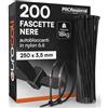 Eurocali 200 Fascette Stringicavo in Nylon 6.6 250x3,5mm Tenuta 18Kg per Cavi e Cablaggi Autobloccanti per Elettricista e Fai da Te Serraggio con Denti Antiscivolo Resistenti Fuoco Calore e Gelo Colore Nero