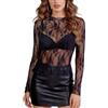 BSBUY Maglia da Donna, in Pizzo Trasparente, Maniche Munghe in Rete Top Mesh con Stampa Floreale, Top Sexy da Donna in Rete Trasparente a Sera Notte Festa Cerimonia Natale
