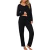 Bresdk Pigiama Donna Cotone Lungo con Scollo a V e Pieghe | Maglia Ampia a Maniche Lunghe E Pantaloni Dritti con Elastico, Coulisse Esterna E Tasche Laterali