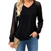 BSBUY Camicia Donna Blusa Scollo a V, Top in Pizzo Patchwork con Occhielli, Maglie a Manica Lunga Elegante Pizzo Loose Tops, Top Donna Blusa Casual T Shirt per Ufficio Festa