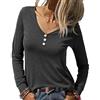 Terecey Maglia Maniche Lunghe Donna con Scollo a V Magliette a Cotone Tops a Basic Elegante Basic Shirt Tinta Unita Casual Henley T-Shirts Moda Bottone Bluse Slim Fit S-3XL