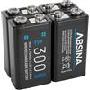 ABSINA Batteria 9V Ricaricabile 300 con bassa autoscarica | Confezione da 4 - Pila 9V NiMH con 8,4V & almeno 270mAh - Battery ricaricabile 6LR61 - quadrata