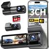 GKU 3 Canali Dash Cam Auto, 4K+1080P+4K, 5.8G WiFi Telecamera per auto | Schermo IPS da 3", GPS con scheda SD da 64 GB, Visione Notturna,WDR, Sensore G, registrazione in loop