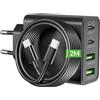 ARCCRA 65W Caricatore USB C, 4-Porte Rapido Alimentatore con 2M Type C Cavo | Caricabatterie USB-C/A Adattatore per MacBook Pro/Air, Tablet, iPad, iPhone 17/17 Air/16/15 Pro Max, Samsung Galaxy S26/S25