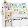 Hzuaneri 105cm libreria per bambini con Porta Riviste, 2 Colonne e 4 Ripiani, Scaffale portagiochi bambini, Contenitore con Cesto Integrato, 30 x 105 x 100 cm, Bianco KB12003W