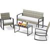 Xbro Set Mobili Giardino 4 Pezzi con 2 Poltrone a Dondolo, Divano 2 Posti e Tavolino in Vetro Temperato, Arredo Esterno in Polyrattan Resistente all'Acqua per Terrazza Balcone Patio